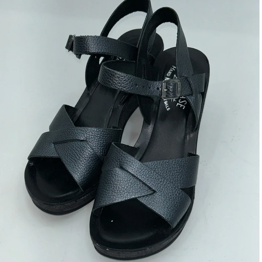 Kork-Ease Black Leather Wedge Sandals Size 6 Adjustable Ankle Strap made Brazil